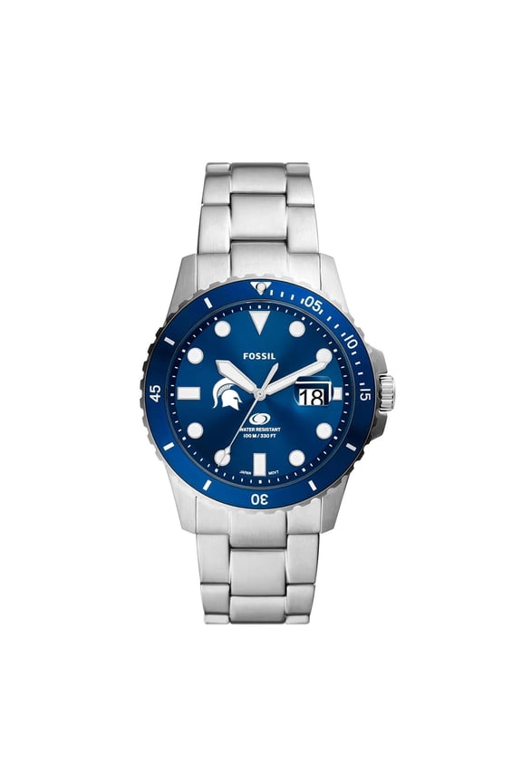 Men's Fossil Silver Michigan State Spartans Dive Three-Hand Date Stainless Steel Watch