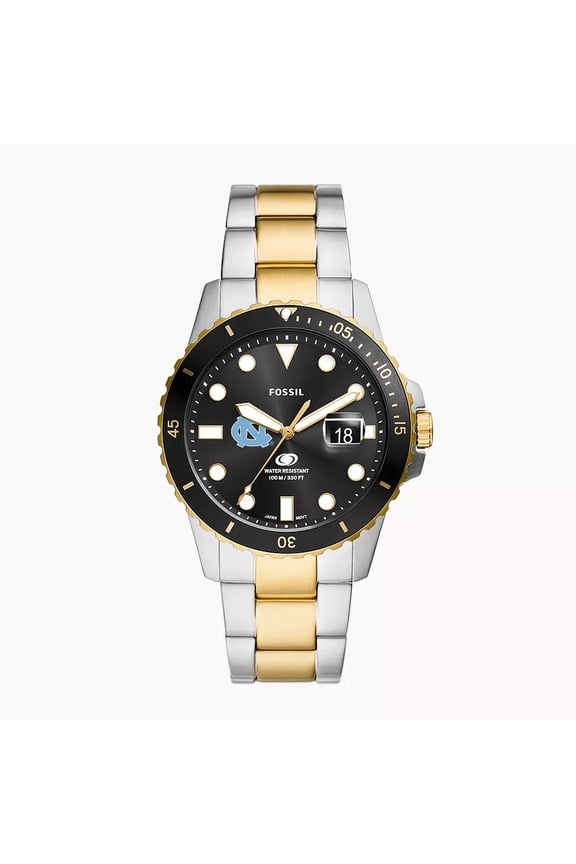 Men's Fossil Silver North Carolina Tar Heels Blue Dive Three-Hand Date Two-Tone Stainless Steel Watch