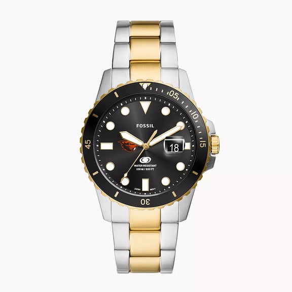 Men's Fossil Silver Oregon State Beavers Blue Dive Three-Hand Date Two-Tone Stainless Steel Watch