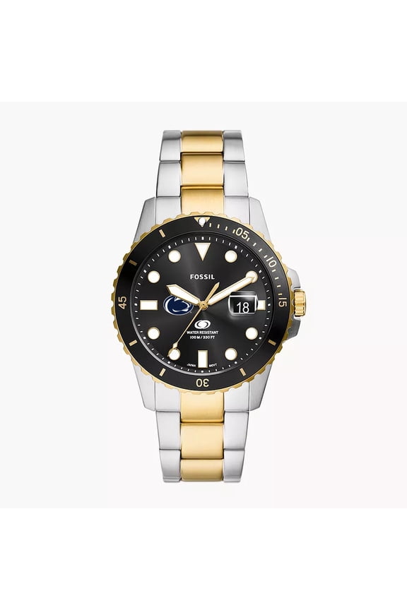 Men's Fossil Silver Penn State Nittany Lions Blue Dive Three-Hand Date Two-Tone Stainless Steel Watch