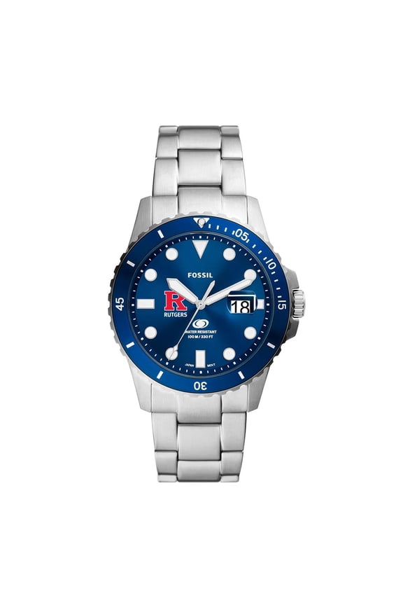 Men's Fossil Silver Rutgers Scarlet Knights Dive Three-Hand Date Stainless Steel Watch