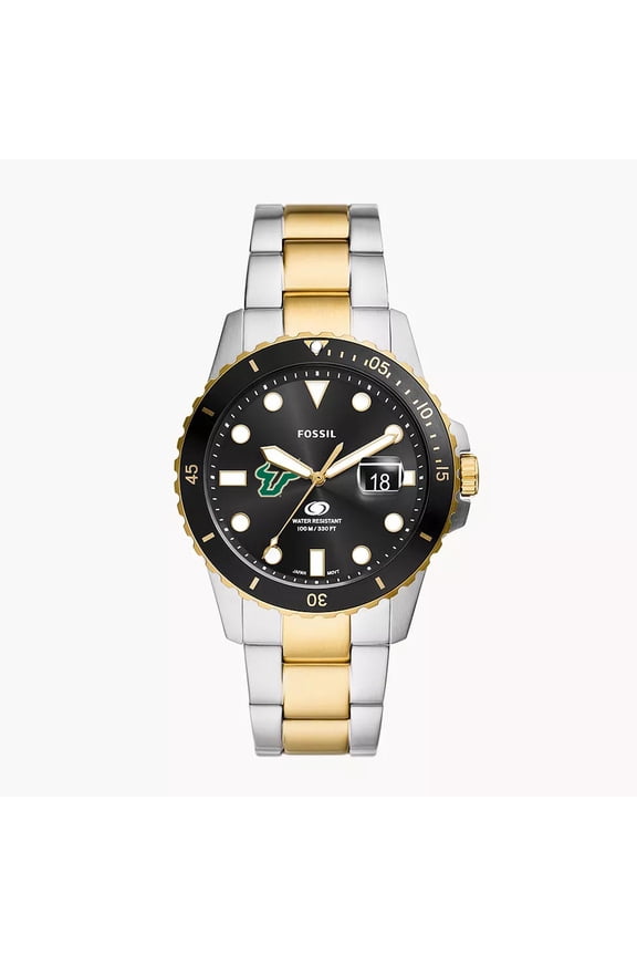 Men's Fossil Silver South Florida Bulls Blue Dive Three-Hand Date Two-Tone Stainless Steel Watch