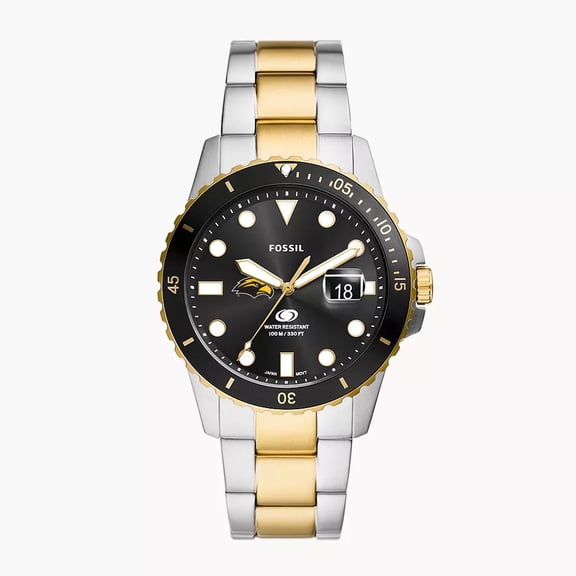 Men's Fossil Silver Southern Miss Golden Eagles Blue Dive Three-Hand Date Two-Tone Stainless Steel Watch