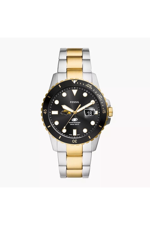 Men's Fossil Silver Southern Miss Golden Eagles Blue Dive Three-Hand Date Two-Tone Stainless Steel Watch