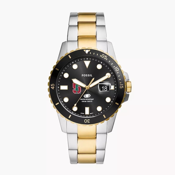 Men's Fossil Silver Stanford Cardinal Blue Dive Three-Hand Date Two-Tone Stainless Steel Watch