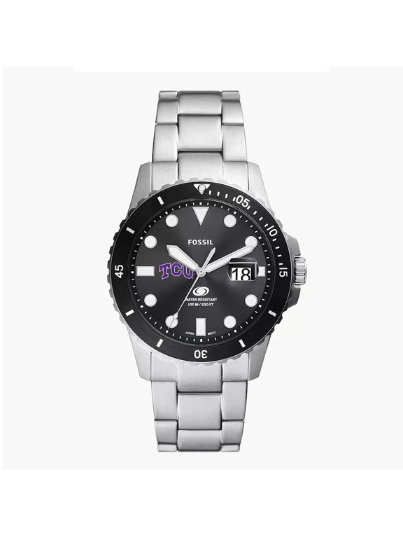Men's Fossil Silver TCU Horned Frogs Blue Dive Three-Hand Date Stainless Steel Watch