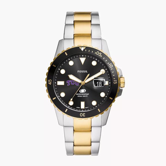 Men's Fossil Silver TCU Horned Frogs Blue Dive Three-Hand Date Two-Tone Stainless Steel Watch