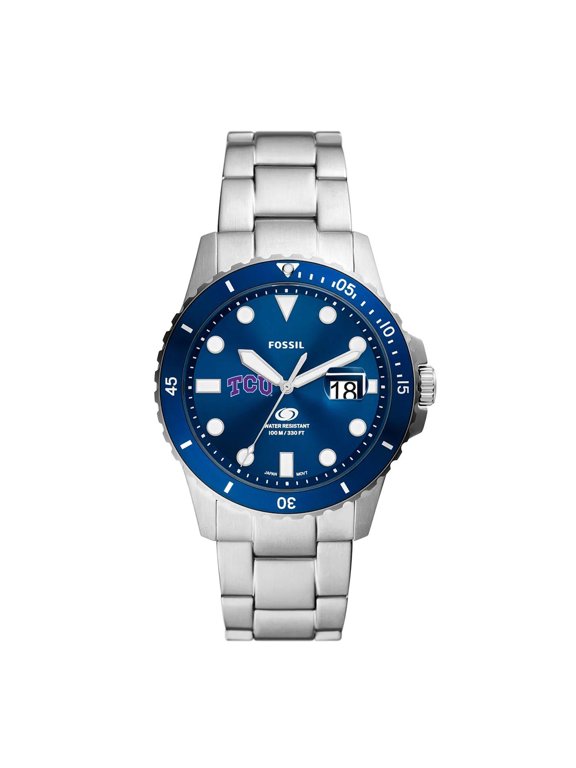 Men's Fossil Silver TCU Horned Frogs Dive Three-Hand Date Stainless Steel Watch