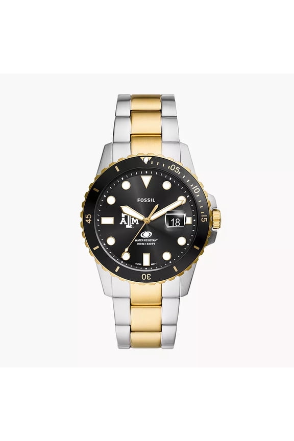 Men's Fossil Silver Texas A&M Aggies Blue Dive Three-Hand Date Two-Tone Stainless Steel Watch