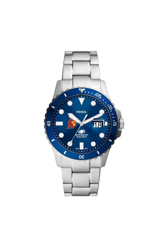 Men's Fossil Silver USC Trojans Dive Three-Hand Date Stainless Steel Watch