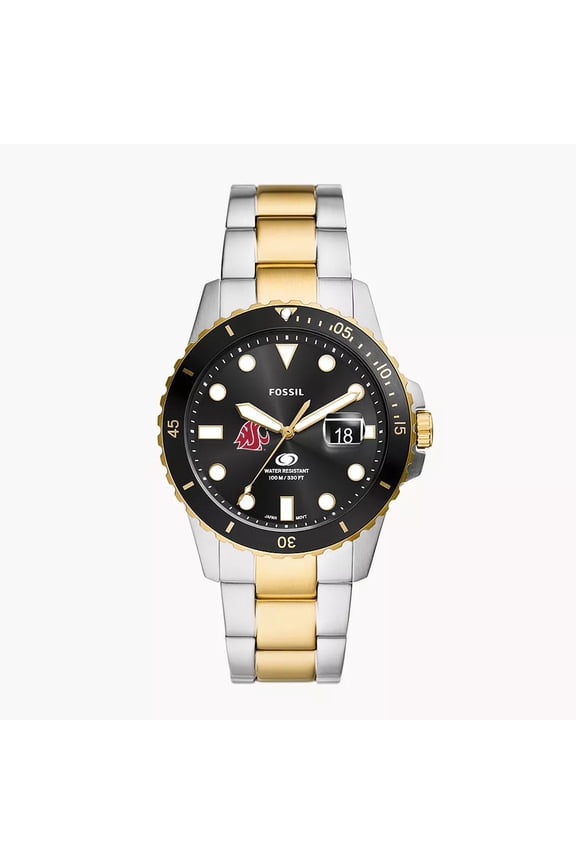 Men's Fossil Silver Washington State Cougars Blue Dive Three-Hand Date Two-Tone Stainless Steel Watch