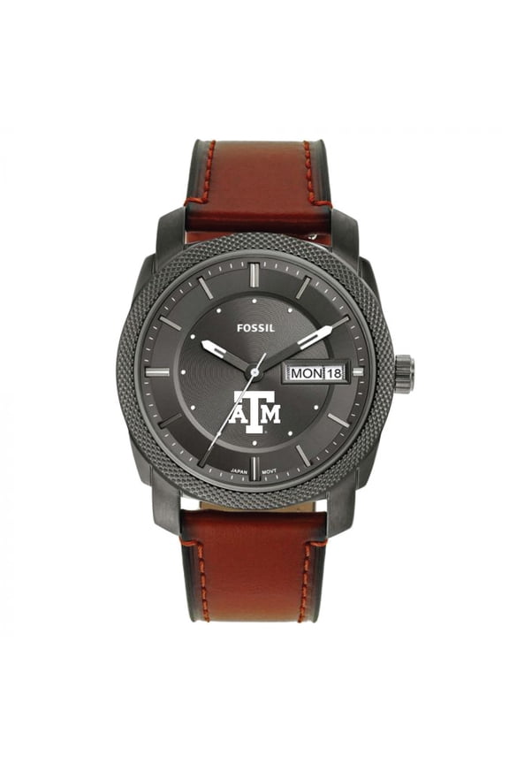 Men's Fossil Texas A&M Aggies Machine Three-Hand Date Brown Leather Watch