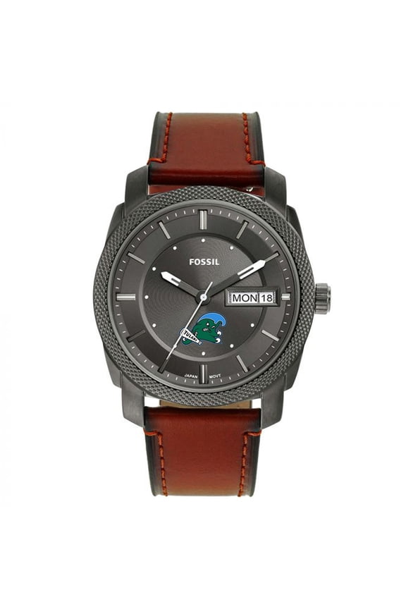 Men's Fossil Tulane Green Wave Machine Three-Hand Date Brown Leather Watch