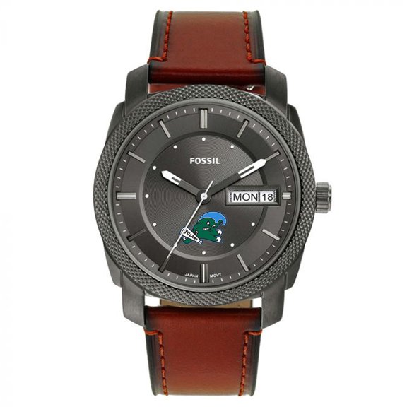 Men's Fossil Tulane Green Wave Machine Three-Hand Date Brown Leather Watch