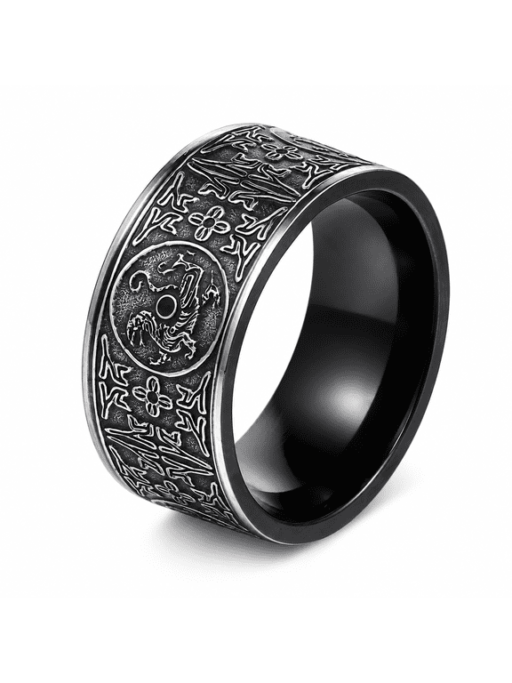 Men's Four Guardian Beasts Ring, Stainless Steel Carved Black Band