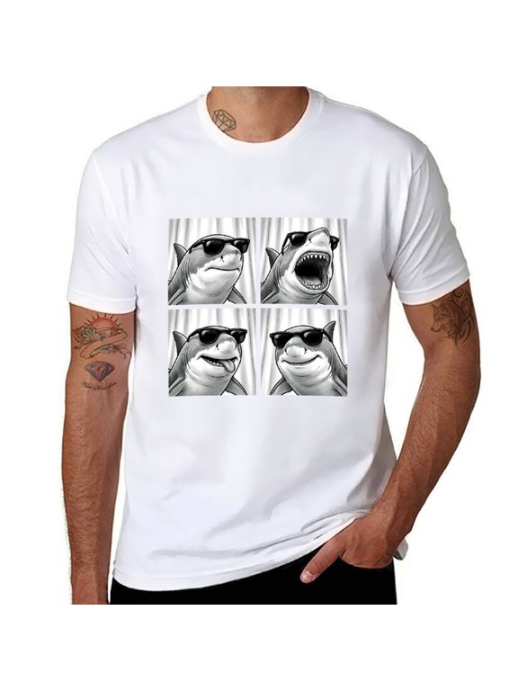 Men's Four Panel Funny Sharks With Sunglasses Graphic T-Shirt, Cotton Crew Neck Short Sleeve Loose Casual Tee, Black White Cartoon Cool Shark Meme Art Shirts