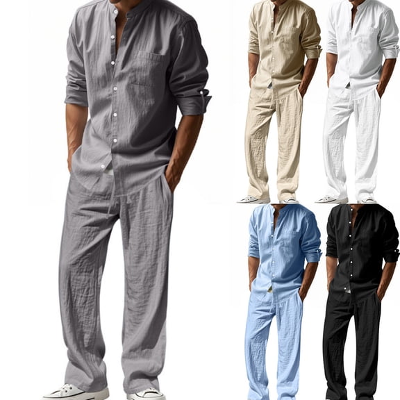 Men's Four Seasons 2-Piece Linen Suit, Loose Comfortable Breathable Long Sleeve Shirt and Pants, Casual Lounge Set For Spring Fall Travel,Light Blue,L