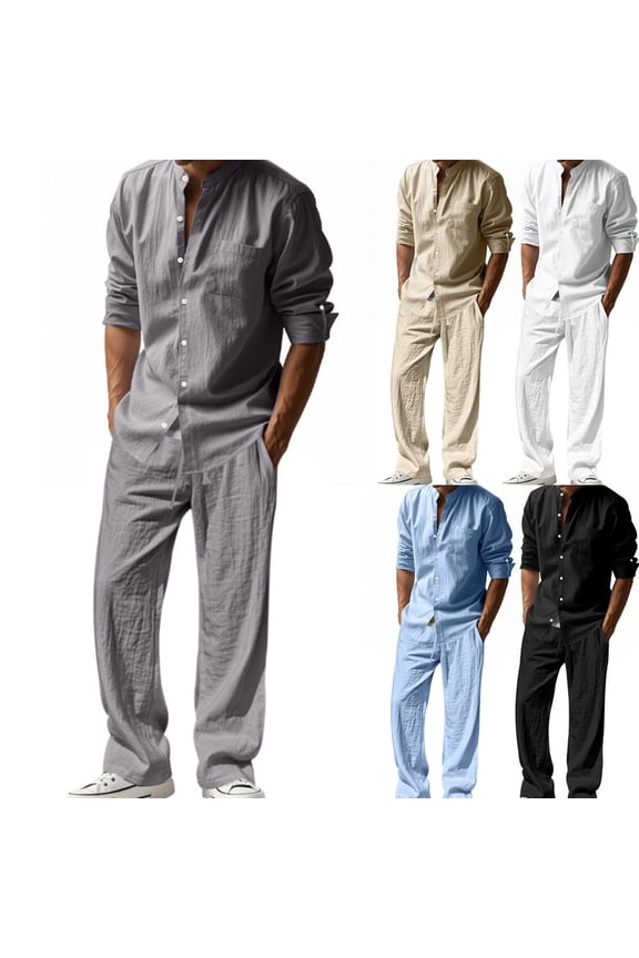 Men's Four Seasons 2-Piece Linen Suit, Loose Comfortable Breathable Long Sleeve Shirt and Pants, Casual Lounge Set For Spring Fall Travel,Gray,M