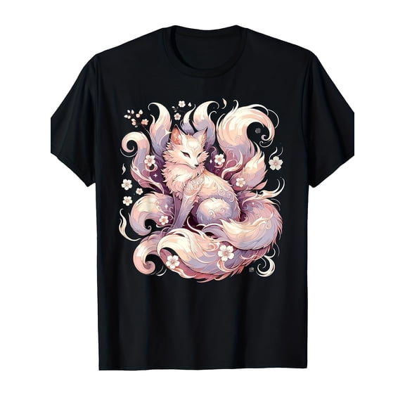 Men's Fox Nine-tailed Fox T-Shirt - Nine-tailed Demon Fox God Man, Flower Fox Power Elements, Closed Wear, Comic Exhibition and Daily Wear - (Washable)