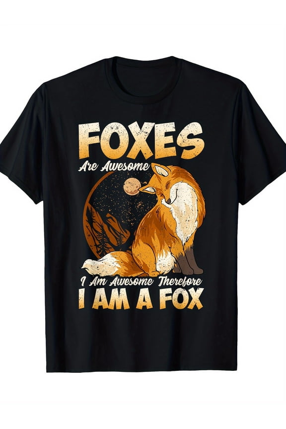 Men's "Foxes Are Awesome" Graphic Tee - 100% Cotton, Short Sleeve, Crew Neck in Black with Orange & Yellow Fox Illustration - Casual, Breathable & Machine Washable