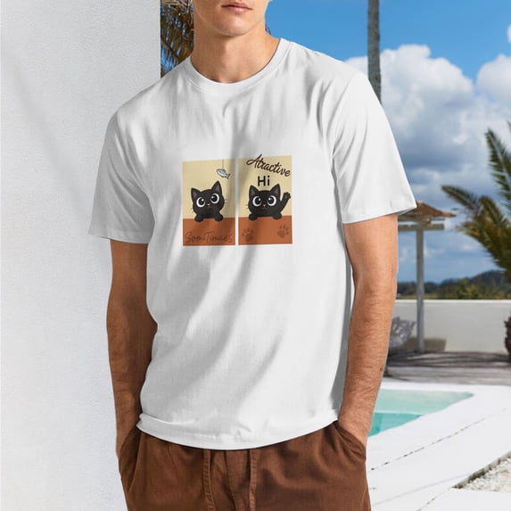 Men's Framed Cat Scene Graphic T-Shirt, Cotton Blend Crewneck Short Sleeve Casual Tee