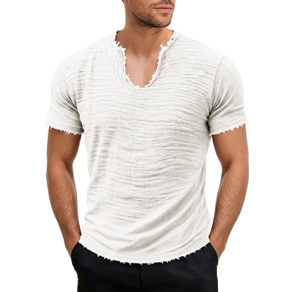 Men's Frayed Edge V-Neck T-Shirt, Crinkle Washed Cotton Blend Short Sleeve Tee with Raw Hem Size S-5XL White