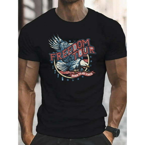 Men's Freedom Journey 1776 Patriotic T-Shirt - Vintage Flag Graphic with "Land of The Free" Design, Classic Round Neckline, Casual Attire, Holiday Apparel - Men's Graphic tee