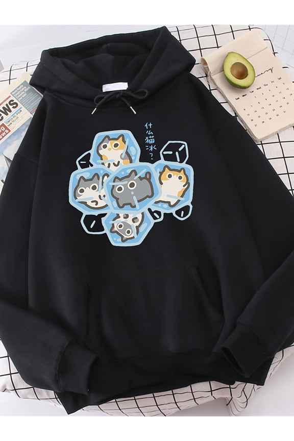 Men's Freeze The Cat In Ice Cubes Hooded Sweatshirt - Icy Cat & Print Hoodie, 50% Cotton 50% Polyester, Warm Winter Pullover for Fall & Winter Outdoor Casual Wear, Machine Washable Cat Jacket 250G