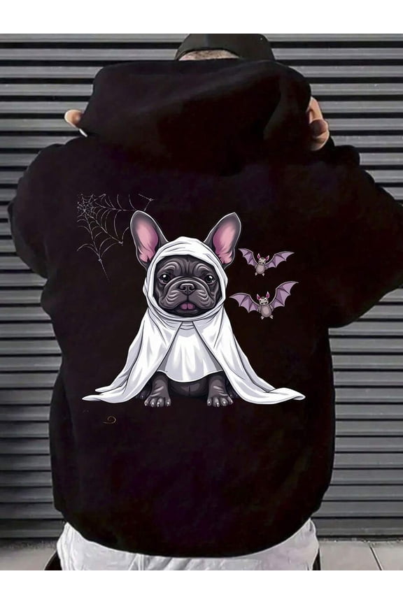 Men's French Bulldog & Bat Print Gothic Hooded Sweatshirt - 360gsm Heavyweight Pullover, Loose Fit  Pocket & Drawstring Hood, Machine Washable, Spooky Black & White Frenchie Dog Costume Halloween & C