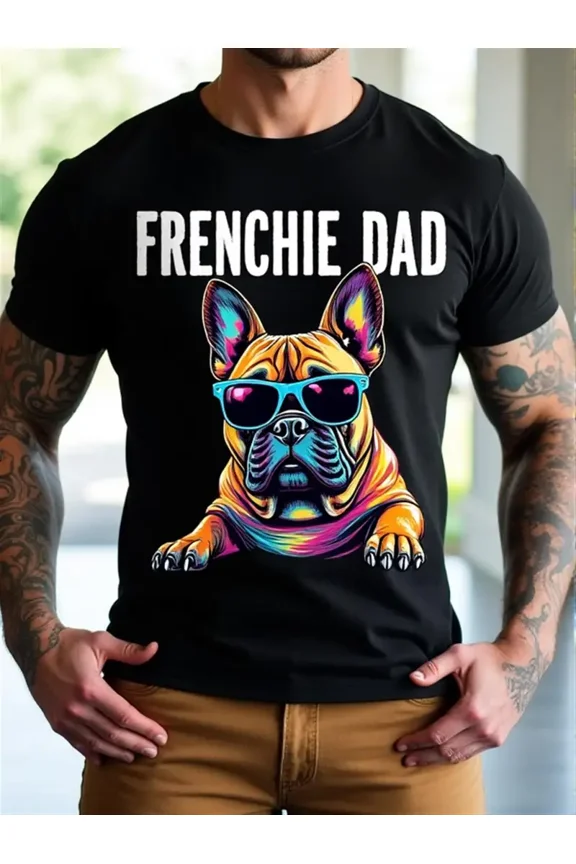Men's French Bulldog Dad T-Shirt - 100% Cotton Casual Tee with Frenchie Graphic, French Bulldog Fashion Glasses & Frenchie Dad Text, Short Sleeve Round Neck Shirt for Dog