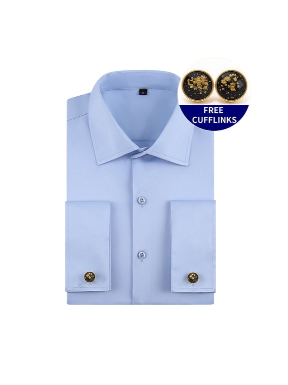 Men's French Cuff Dressy Shirt with Free Cufflinks - Slim Fit Solid Color Button Down, Elegant Business Wear for Wedding Office and Suit Matching