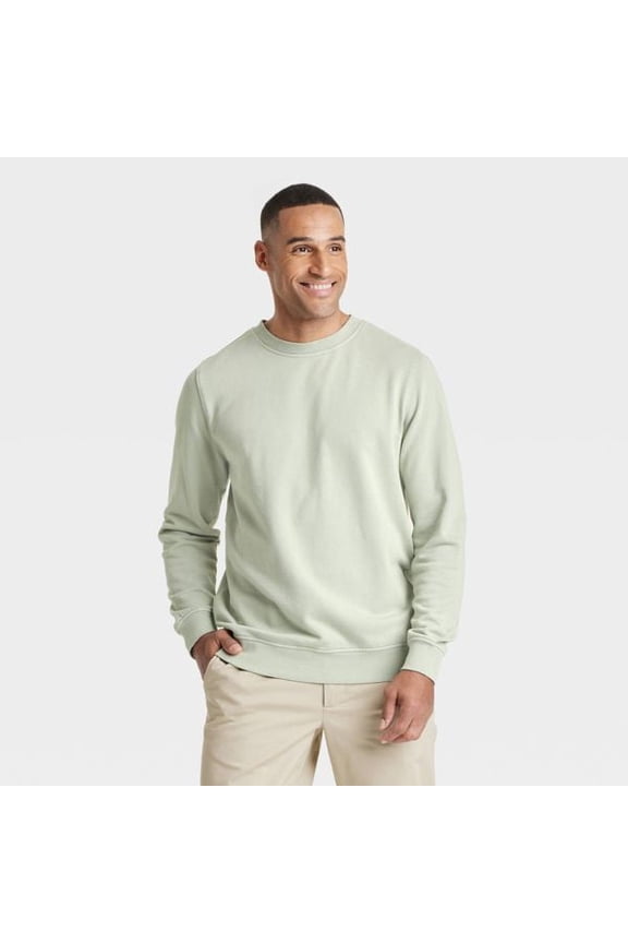 Men's French Terry Crew Neck Pullover Sweatshirt - Frosted Sage XXL: Heavyweight Cotton, Relaxed Fit, Ribbed Cuffs