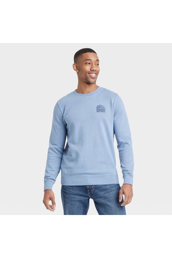 Men's French Terry Crew Neck Pullover Sweatshirt - Goodfellow & Co Rig Blue XXL: Heavyweight, Relaxed Fit, Wave Pattern