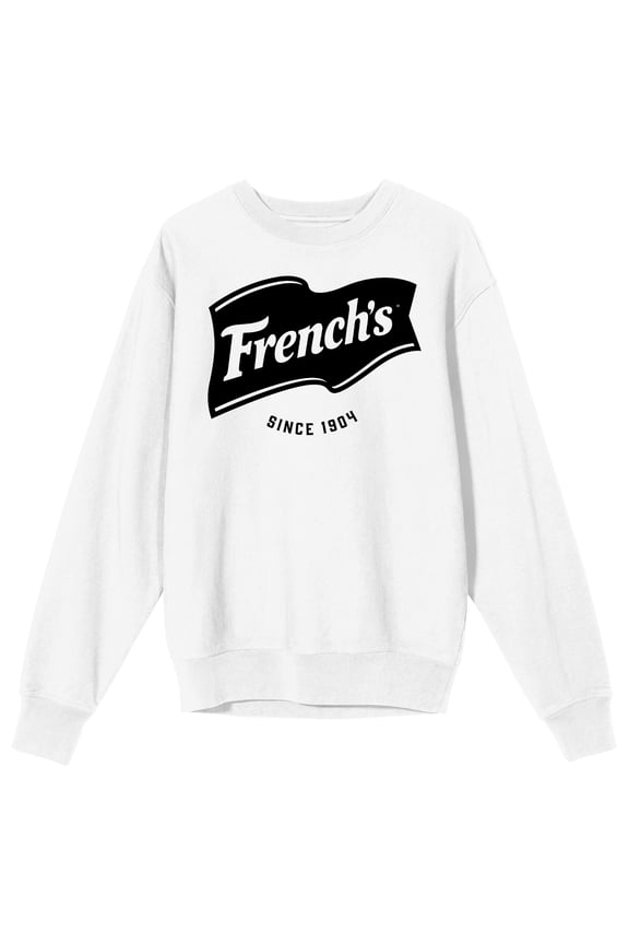 French's Black Logo Text Small Neck hit logo text Promotional Text on White Long Sleeve Adult Crew neck-Small
