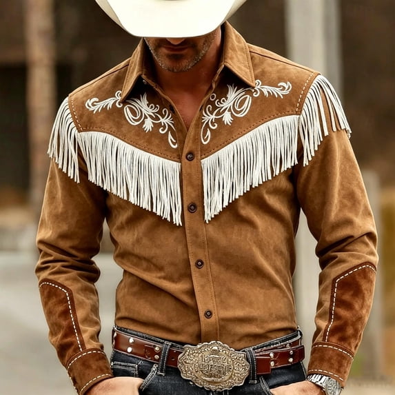 Men's Fringe Trimmed Shirt, Vintage Casual Long Sleeve Lapel Top, Button Up Cowboy Style Blouse With Tassels Brown XL