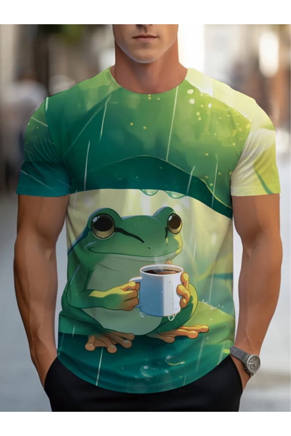 Men's Frog Print T-Shirt - Raindrops and Frog Art Patterns, Lightweight Polyester Fiber, Green Casual Restaurant Dress, Soft Comfortable Fit,