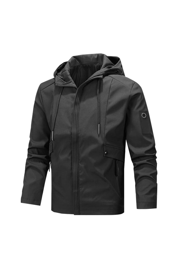 Men's Front-Zip Utility Jacket with Hood Nylon Long Sleeve Windproof Hooded Raincoat Windbreaker Outdoor Coat (2XL, Black 01)