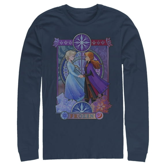 Men's Frozen 2 Sister Stained Glass  Long Sleeve Shirt Navy Blue Small