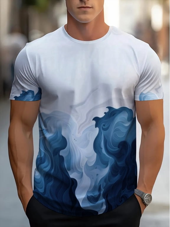 Men's Full Body Blue Wave Print Short Sleeve T-Shirt - Light Breathable Polyester Crew Neck Casual Shirt, Suitable for Home, Office and Outdoor Wear, Machine Washable
