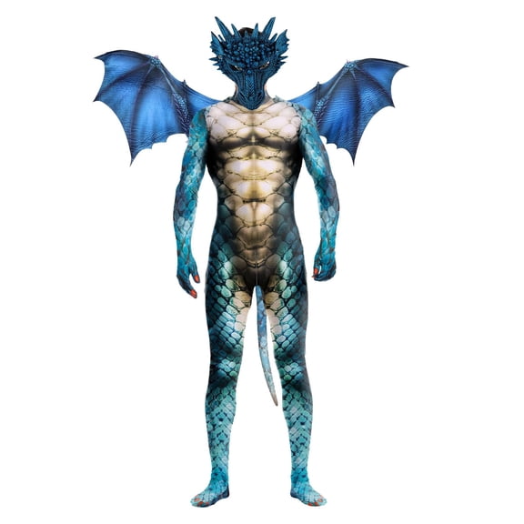 Men's Full Body Dragon Costume Bodysuit with Wings,Mask,Tail,Halloween Dragon Muscle Animal Catsuit Costume