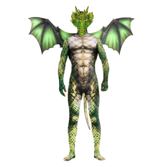 Men's Full Body Dragon Costume Bodysuit with Wings,Mask,Tail,Halloween Dragon Muscle Animal Catsuit Costume