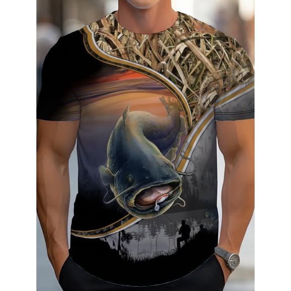 Men's Full Coverage Camo & Fish Print Fishing T-Shirt - Breathable Bass Graphite Outfit Suitable for Fishing & Hunting, Machine Washable Outdoor Apparel, PLUS SIZE