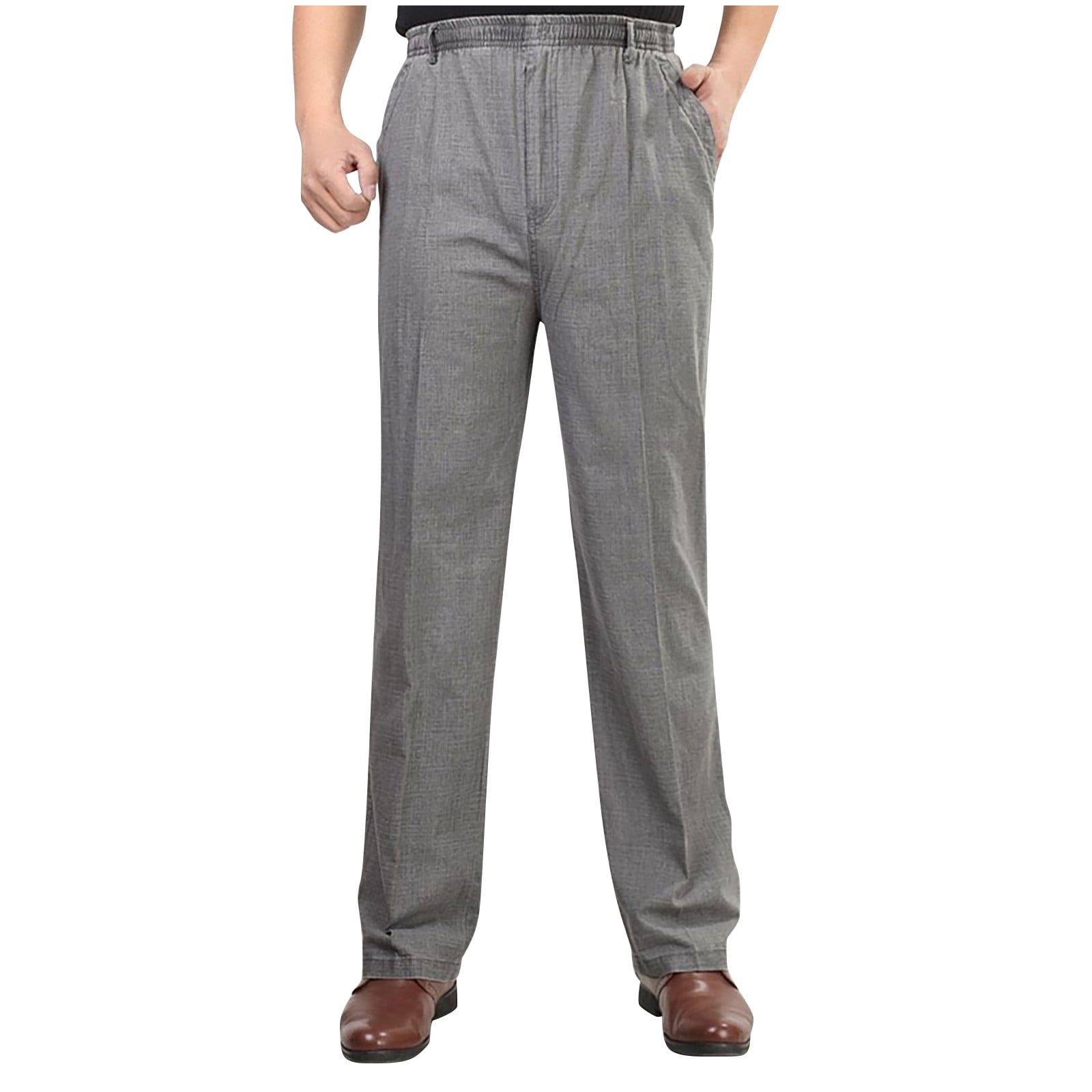 Men's Full Elastic Waist Linen Pull-On Pants Straight Leg Trousers ...