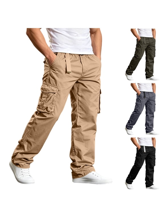 Men's Full Elastic Waist Pull on Casual 100% Cotton Cargo Pants, Relaxed Fit Lightweight Multi‑Pocket Work Trousers for Daily Outdoor Wear
