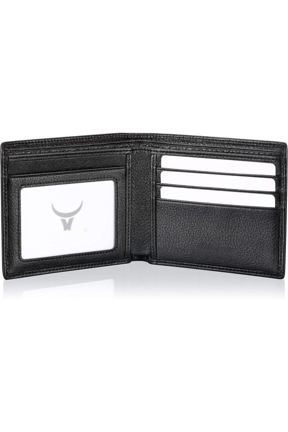 Men's Full Grain Leather Wallet, Slim Bifold with 2 Bill Compartments, Tap-to-Pay Friendly Non-RFID, Durable Pebble Grain with ID Window, Black