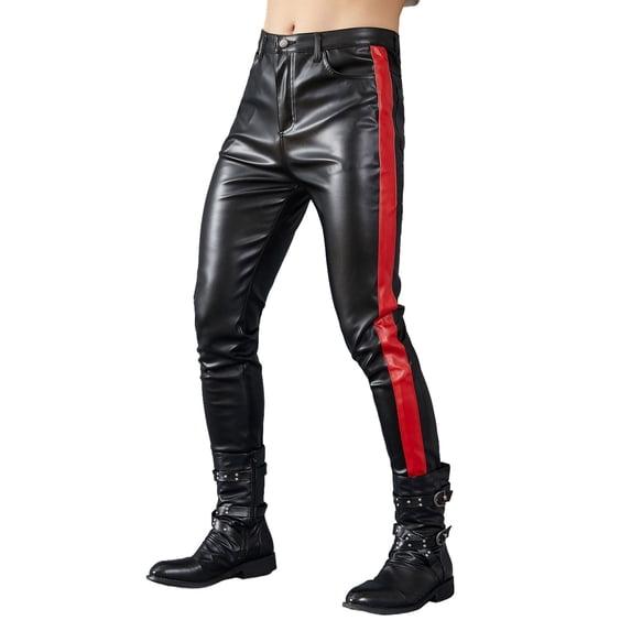 Men's Full-Length Motorcycle Biker Pants Stretchy PU Faux Leather with Color-Block Patchwork Cone-Shaped Slim Fit Outdoor Casual Trousers