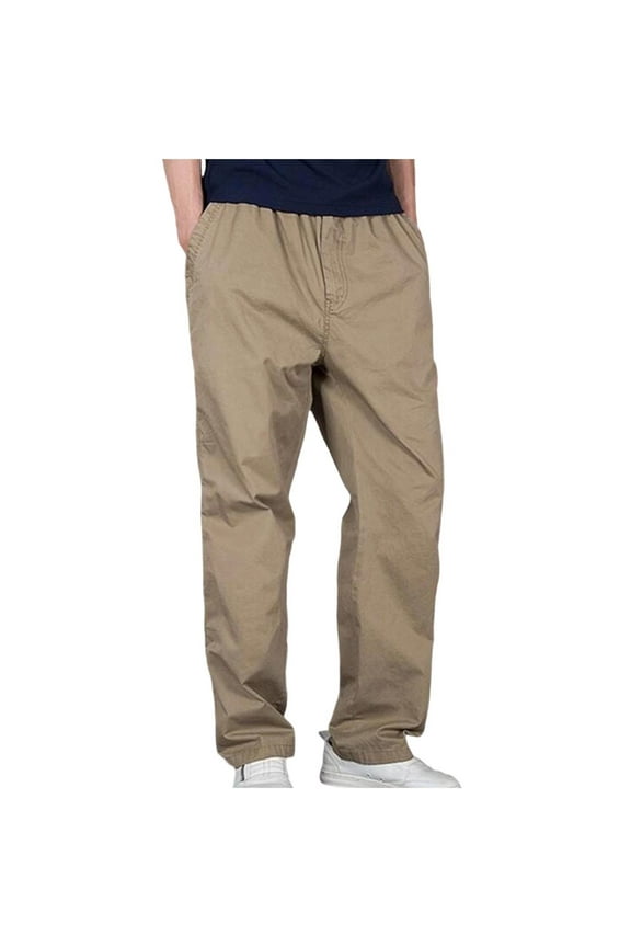 Men's Full Length Pants Elastic Waist Loose Fit Lightweight Cotton Twill Pant Workwear Pull On Cargo Pants