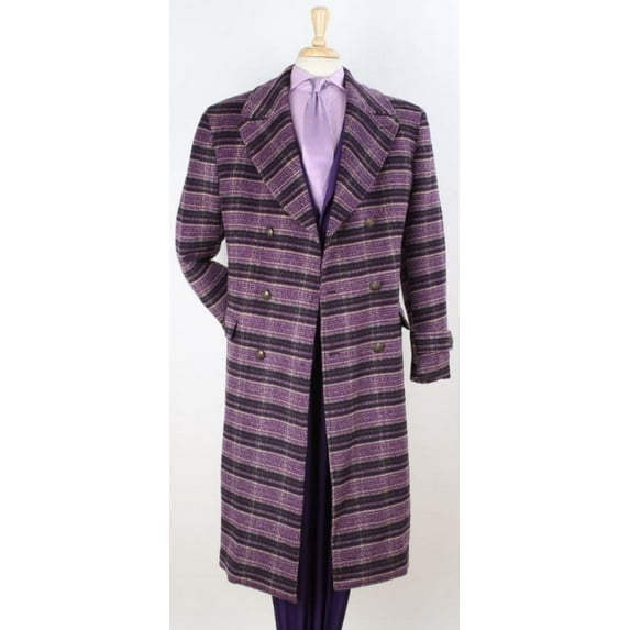 Men's Full Length Top Coat - Wide Fashion Lapel Purple Windowpane