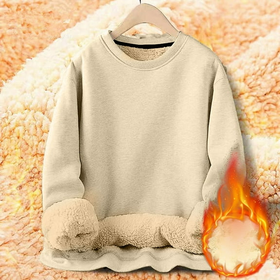 Men's Full Sherpa Lined Crewneck Sweatshirts Heavy-weight Fleece Pullover Thick Thermal Long Sleeve Beige L