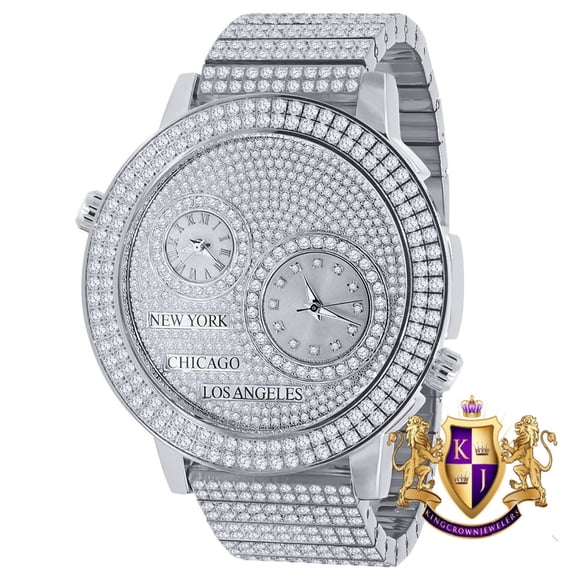 Men's Full Stainless Steel 2 Time Zone Chronograph 18K White Gold Tone Diamond Dial Luxury Custom Watch 45mm